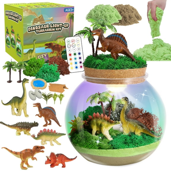 Dinosaur Light-Up Terrarium Kit for Kids- Multicolor LED Night Light Birthday Gifts - Dinosaur Toys for Boys Ages 4-6 7 8 9 10 Year Old - Kids Arts and Crafts Kit