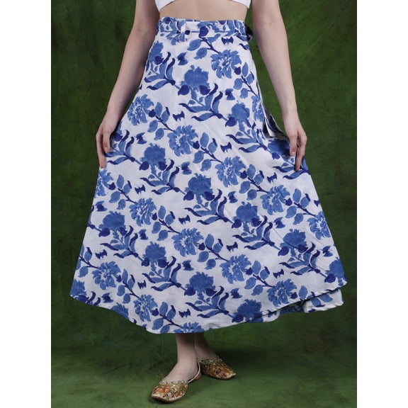 Star-White Wrap-Around Long Skirt with Printed Floral Vines