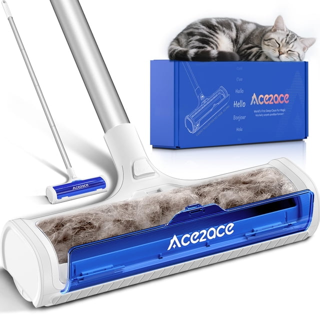ACE2ACE Rouleau à Tapis pour Poils d'Animaux, Outil d'Élimination des Poils d'Animaux Auto-Collecteur, Râteau à Tapis Réutilisable, Manche Long de 5 Pieds Sans Se Pencher Sans s'Agenouiller, Chat Chien