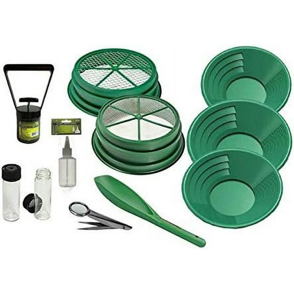 Prospecting Mining Kit, 11-Piece: 3 Gold Pans, 2 Classifiers, Snuffer Bottle, Plastic Scoop, Magnified Tweezers, Black Sand Magnet, 2 Glass Vials