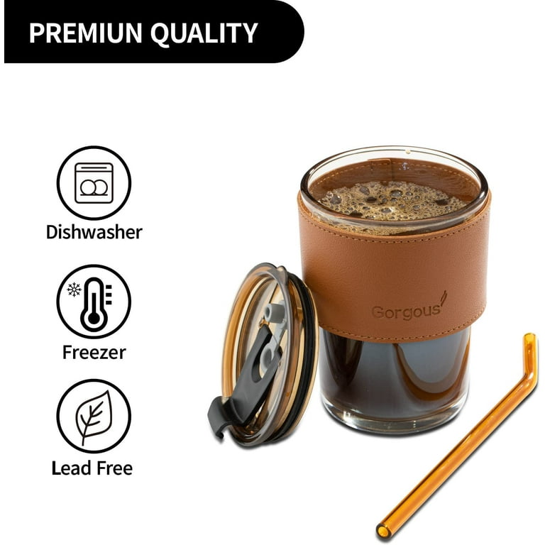 cosnou 13 oz/400ml Ice Coffee Glass Tumbler with Straw and Lid Sealed Carry On, Thick Wall Water Glass Cup Mug Tea (Amber)