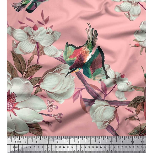 Soimoi Pink Poly Georgette Fabric Floral & Bird Printed Craft Fabric by the Yard 52 Inch Wide