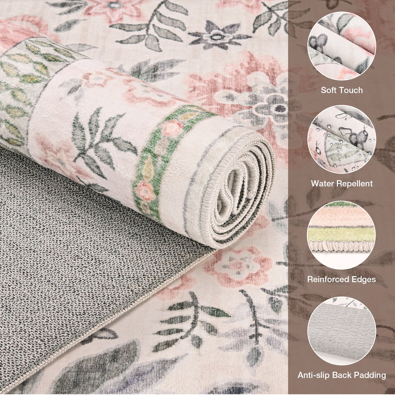 Washable Area Rug for Living Room, Curtilage 8'x10' Non-Slip Boho Pink Floral Print Indoor Rug, Soft Low Pile Stain Resistant Carpet for Bedroom