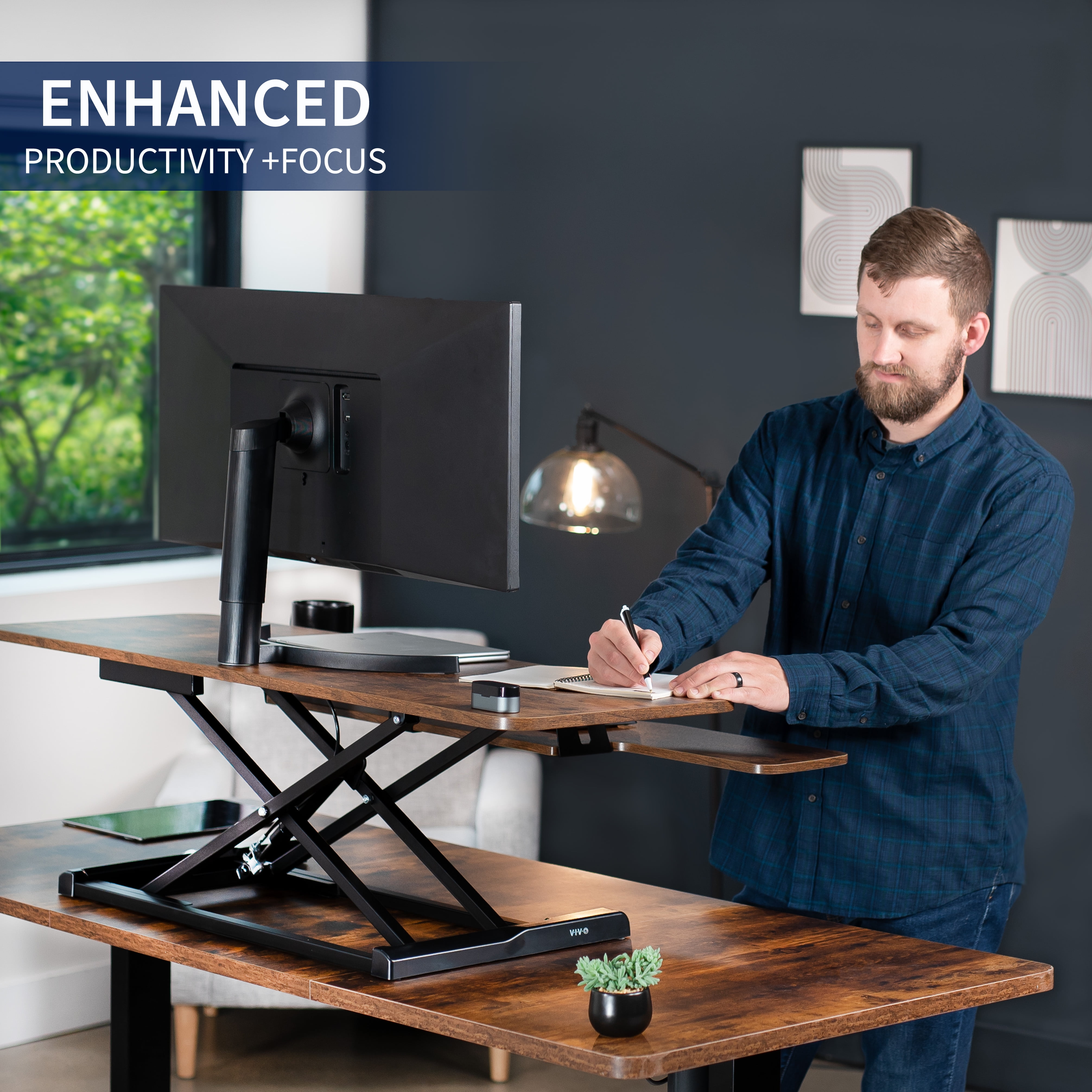 VIVO Vintage Brown / Black Height Adjustable 48" Standing Desk Monitor Riser