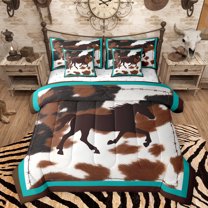 Homewish Rustic Western Cowboy 7pcs Bedding Comforter Set,Farmhouse Horse Cowhide Queen Bedding Sets,Brown Cyan Queen Sheet Sets For Boys Kids,Breathable Home Decor Reversible