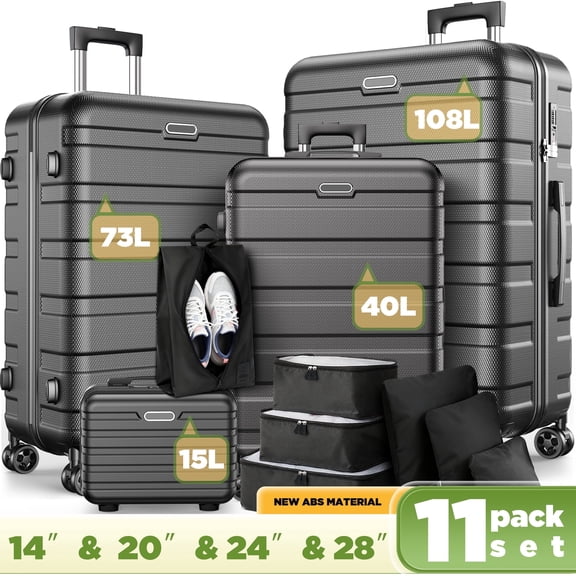 11 Pack Luggage Set Hardshell Lightweight Suitcase with Integrated TSA-style Lock and Spinner Wheels, 14" Travel Case, 20" Carry-On Luggage, 24" Checked Luggage, 28" Checked Luggage, Black