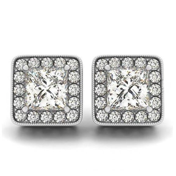 Harry Chad Enterprises HC12320 2 CT Princess & Round Diamonds Halo Studs Earrings - 14K White Gold