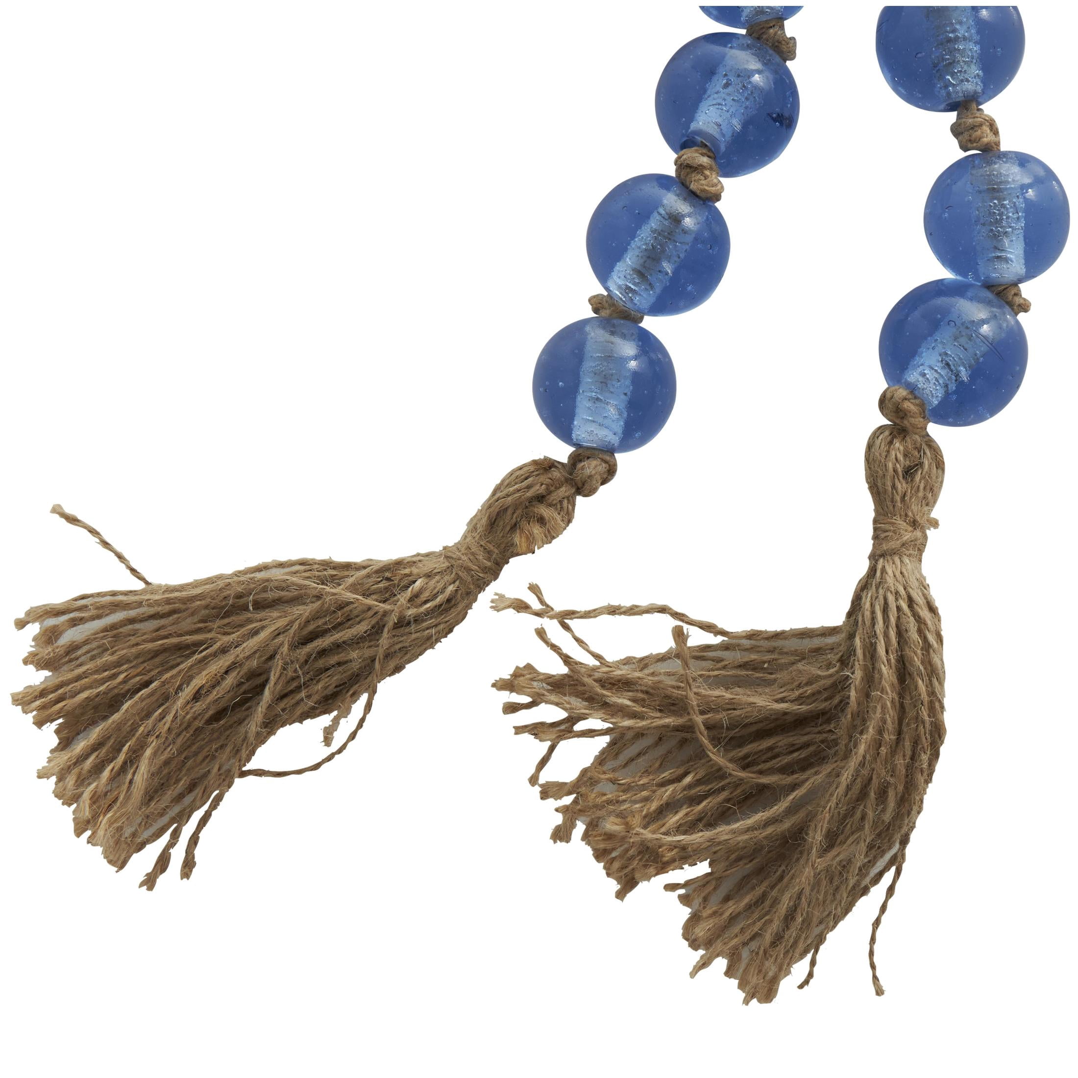 DecMode Handmade Round Blue Glass Garland with Tassel with Knotted Jute