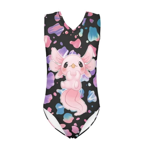 FOR U DESIGNS Cute Axolotl One Piece Swimsuit Teenage Girl Novelty Sleeveless Swimwear Leotards for Swimming Dancing Quick Dry Kids Bathing Suit Size 3-4