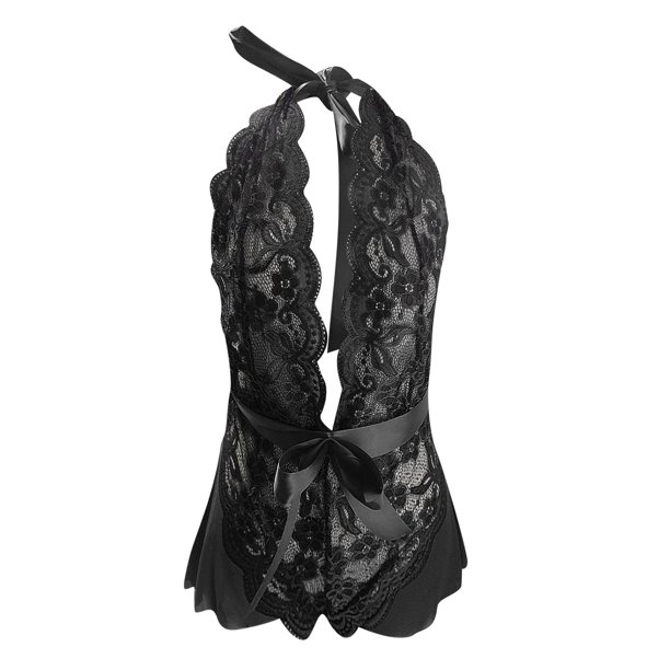 Gibobby Conjuntos de bragas de encaje Lencería para mujer con encaje frontal abierto, ropa de dormir halter Nighty(Negro, XG)