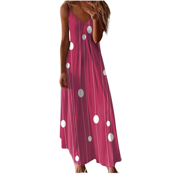 SMihono Womens Polka Dot Print Ruffle Swing Flowy Long Maxi Dress Spaghetti Strap Summer Dress Tropical Floor-length Dress Wedding Guest Dress Hot Pink 10