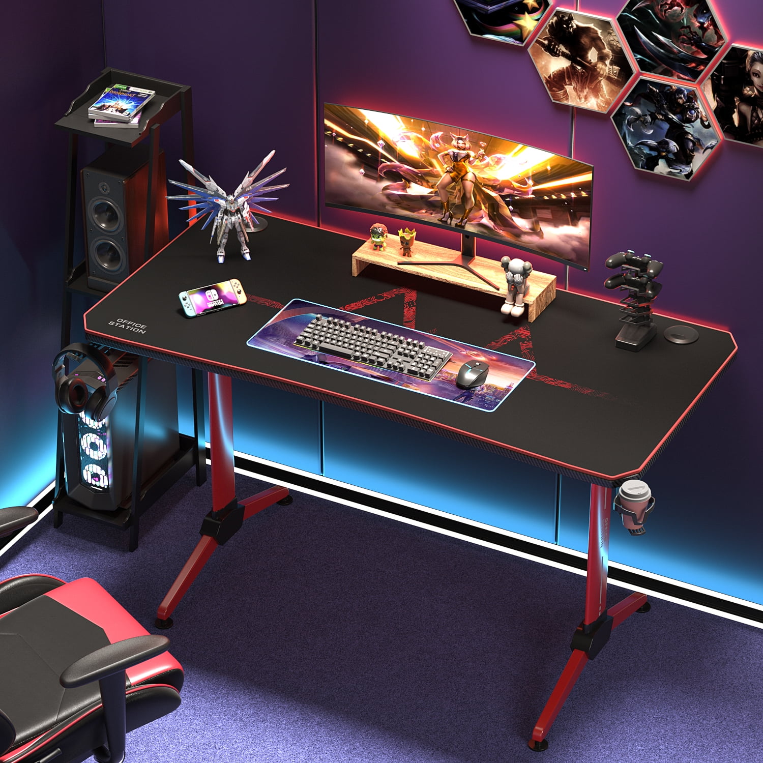 PTYTEC Computer Shop - Escritorio Gaming Homall de 63, Diseño en Z,  Incluye Mouse Pad, porta vasos y gancho para auriculares