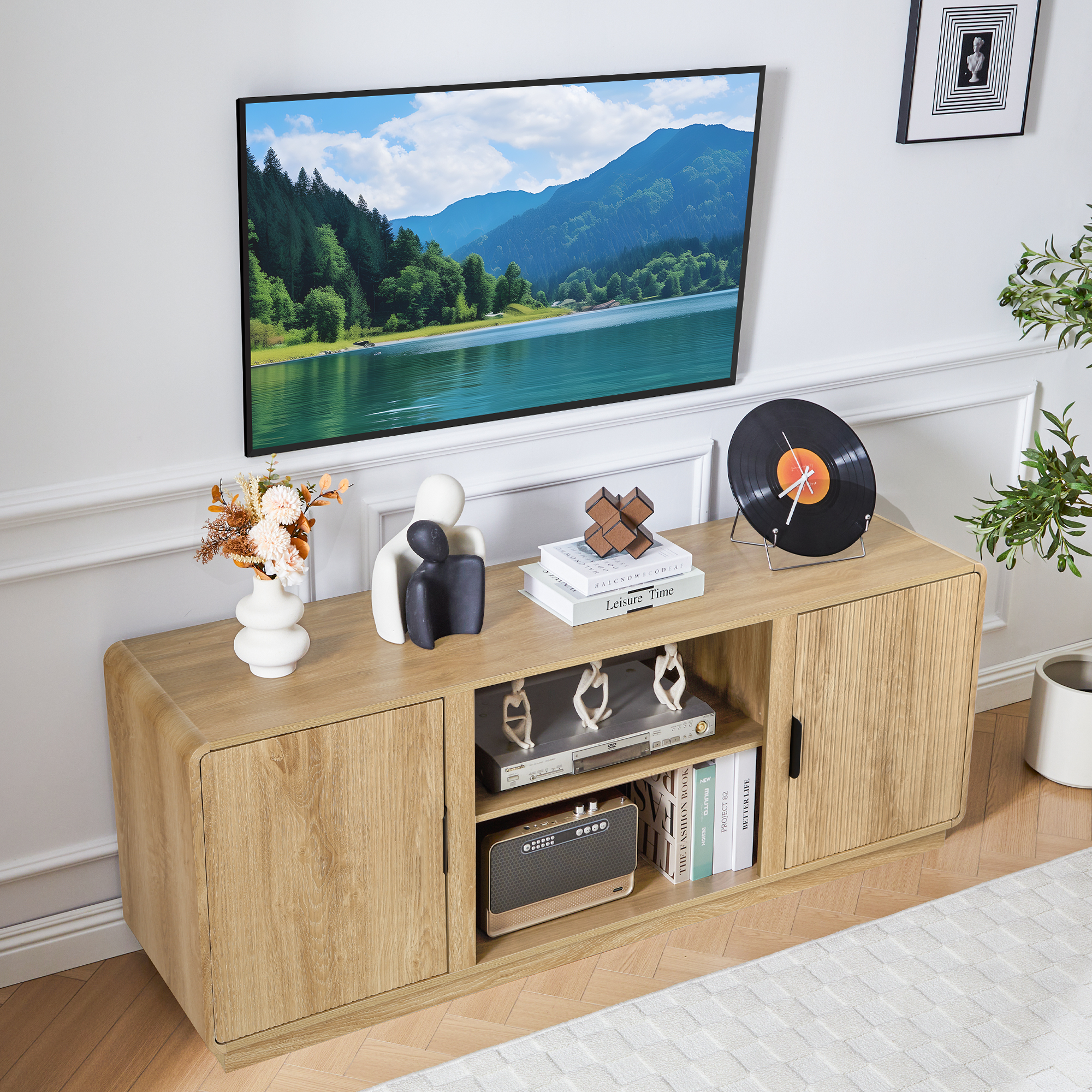 LEFHDA 60-inch Mid Century Modern TV Stand with Fluted Design & 2 Storage Cabinets, Entertainment Center for TVs up to 75" with Adjustable Shelf and Cable Management