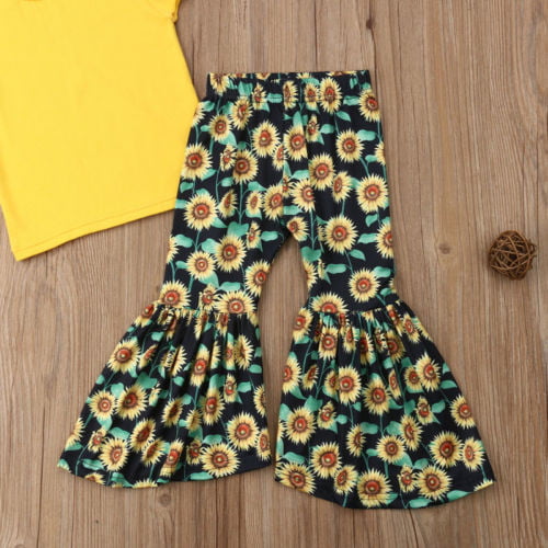 Xuuly Toddler Baby Girls Clothes Sleevless Tassel Tops Floral Sunflower Flare Pants Little Girls Summer Outfits Set 