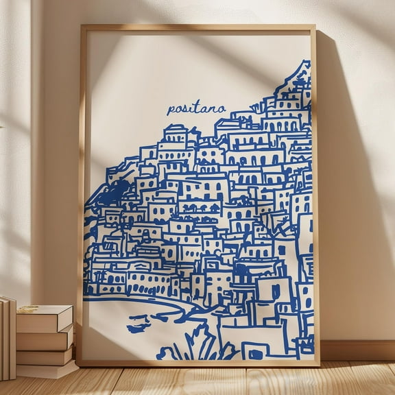 Kna Prints - Positano Amalfi Travel Poster, Retro Italy Print, Navy Blue Trendy Wall Art, Hand Drawn Sketch, Digital Print, Cityscape, Art, UNFRAMED-8x12