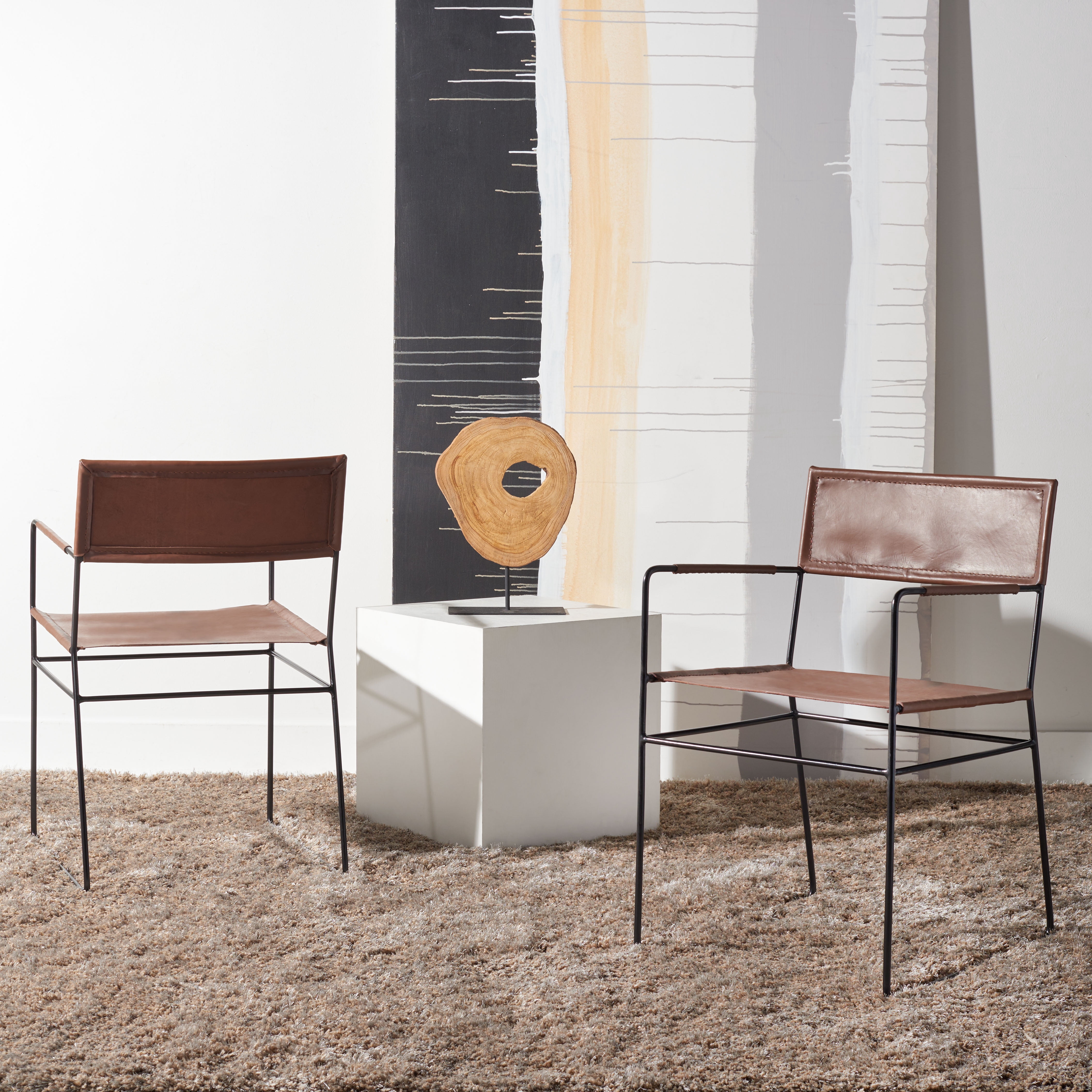 SAFAVIEH Alyx Glam Leather Solid Dining Armchair, Cognac/Black (Set of 2)
