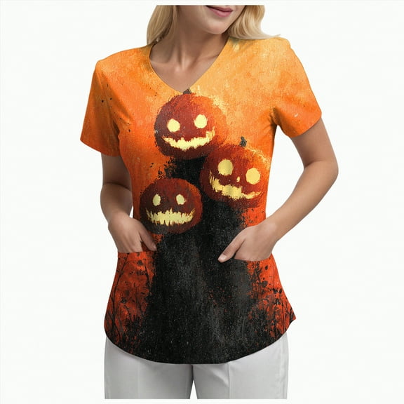 Godom T Shirt for Women Halloween Pumpkin Tees Fall Graphic Short Sleeve V Neck Tees