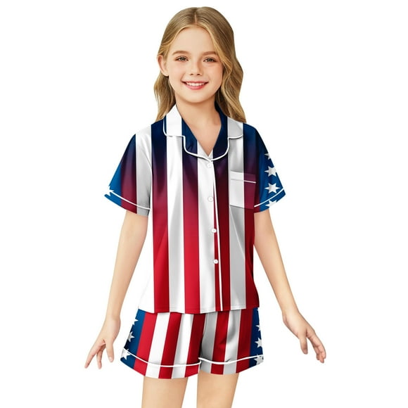 Kids' 4th Of July Printed Satin Pajama Set Short Sleeve New Stock Clothes