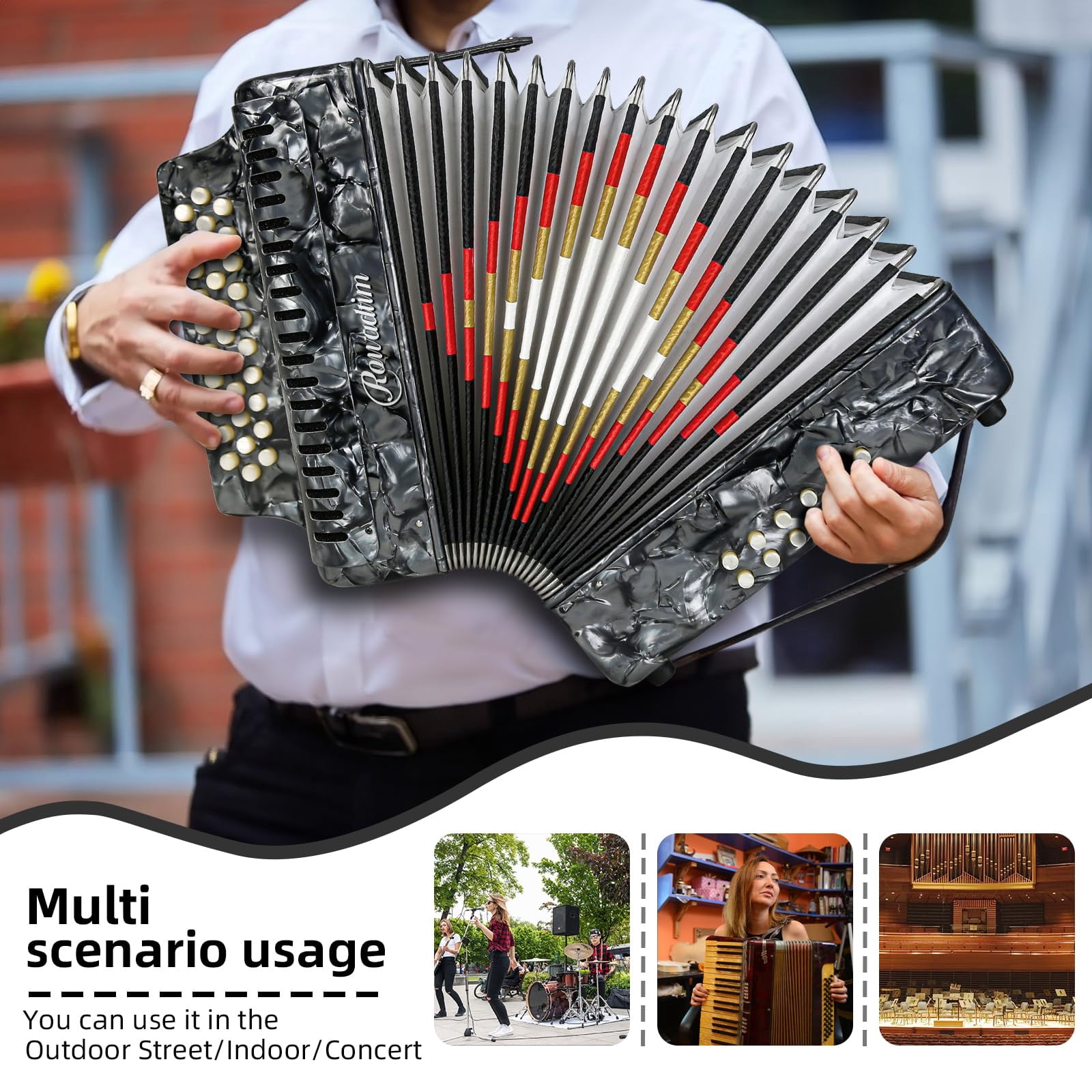 Rowadtim Accordion - 31 Keys, 12 Bass Professional Diatonic, Premium Portable Button Accordion for Adults & Beginners with Thick Protective Case (Gray)