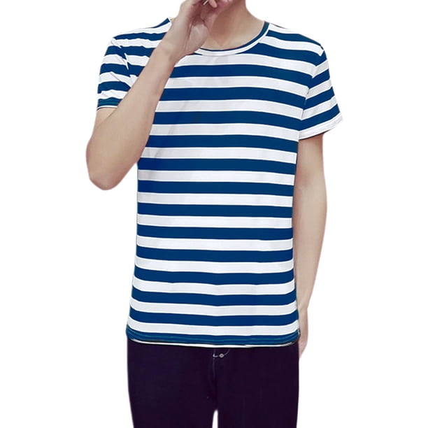 Camiseta De Rayas Tipo Marinero Para Hombre - Manga Corta, Ajuste Holgado, Poliéster, Varios Colores (Talla L Azul)