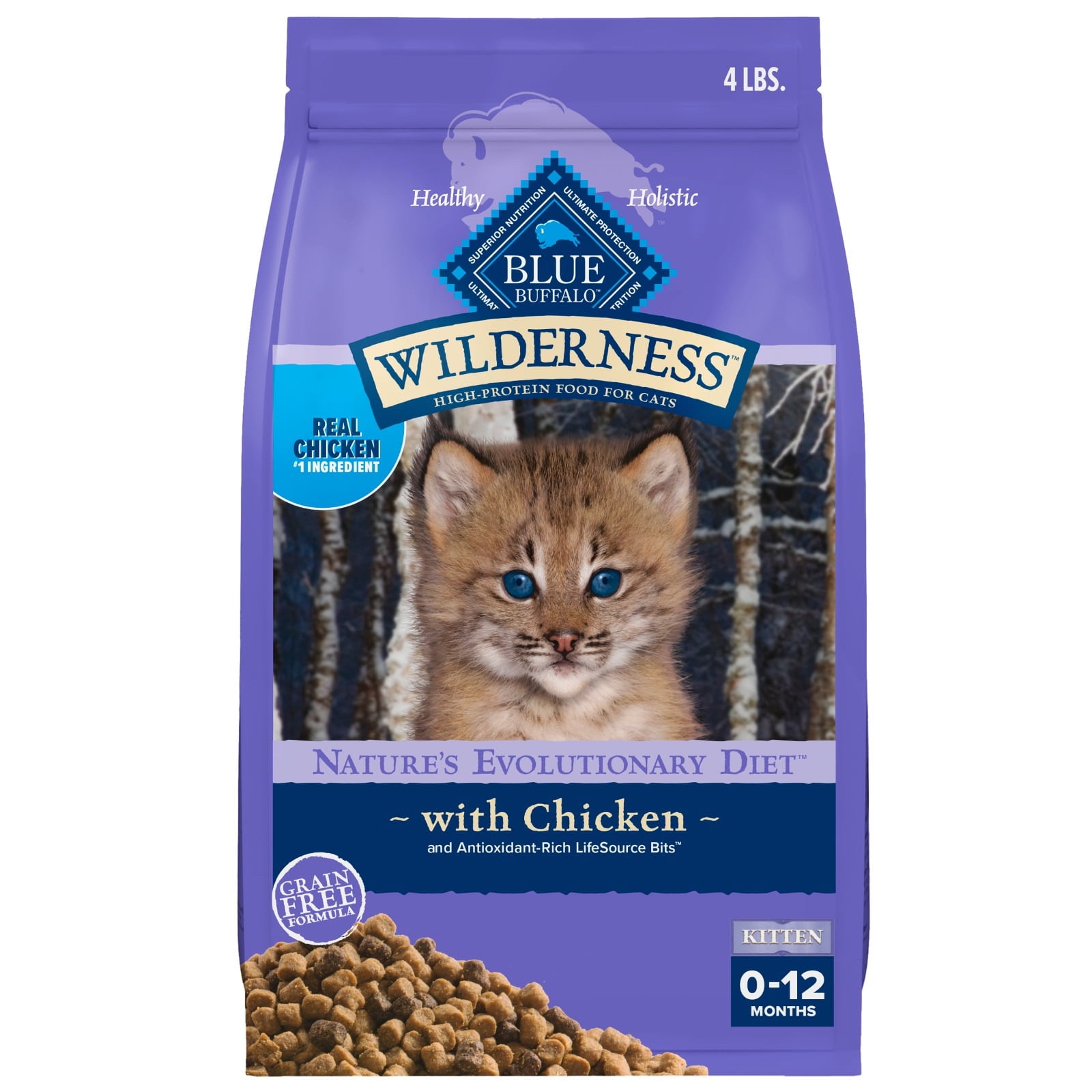 Bundle and Save: Blue Buffalo Wilderness Natural Kitten Dry Cat Food, High-Protein, Chicken, 4-lb. Bag and Wet Kitten Food, Chicken & Salmon Variety Pack, 3-oz. (6 Count)