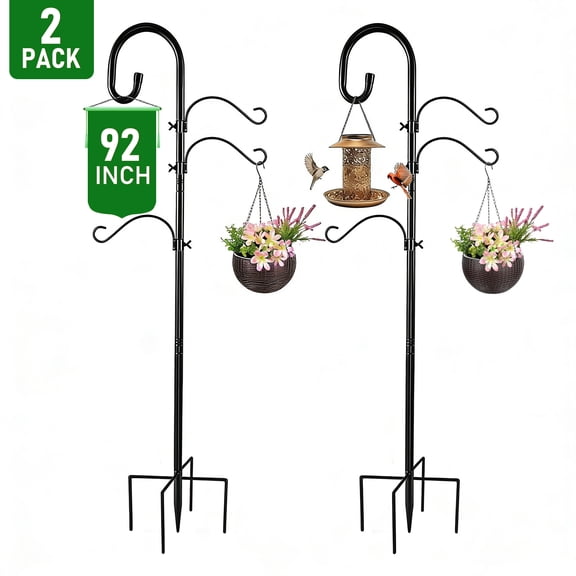 urorentea 2 Pack 92" Shepherds Hooks for Outdoor, 4 Hook Bird Feeder Poles, Heavy Duty Shepherds Hooks with 5 Prongs Base, Adjustable Garden Hook for Hanging Plant, Bird Feeders