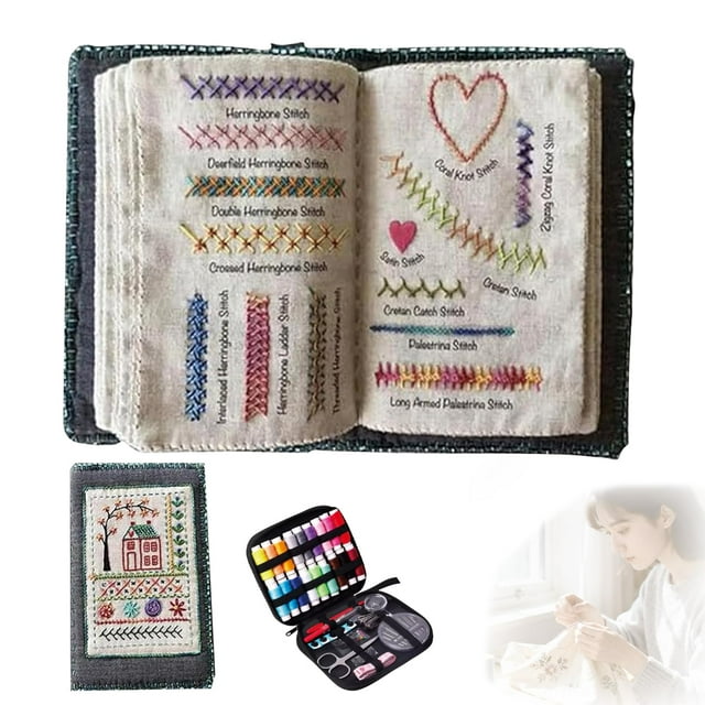 2026 New Embroidery Stitch Book with Reusable Fabric Pages, Portable Sewing Book Includes Illustrated Learning Guide and Essential Tools