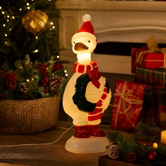 Light Up Christmas Blow Mold Goose Figurine, Resin Goose Statue With Santa Hat & Wreath, Festive Tabletop Ornament For Xmas Home Porch Mantel Holiday Decoration