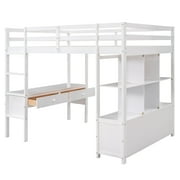 Euroco Full Loft Bed Wood Frame Desk with Drawers and Shelf for Kids Teens, White