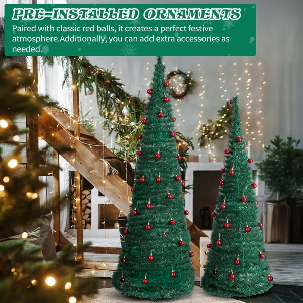 Alvantor 2-Pack Pop-Up Artificial Christmas Trees, 5 ft and 6 ft, Red Ball Ornaments, Green