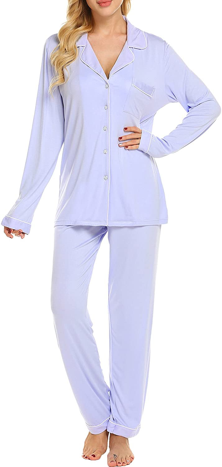 Cyenaly Womens Pajamas Set Long Sleeves Sleepwear Lounge Nightgown with Buttons S-2XL