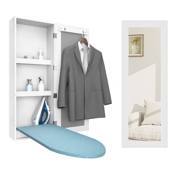 Facilehome Wall Mounted Ironing Board Cabinet, Foldable Metal Board, Mirror Door, Storage Shelves & Heat-Resistant Cover, White MDF Space-Saving Design for Apartments & Laundry Rooms,Perfect New Year