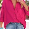 thumbnail image 4 of Camisas de manga larga con botones para mujer, moda informal, holgada, con cuello vuelto, color puro, blusa de manga larga con cuello en V para mujer, rojo rosa S, 4 of 6