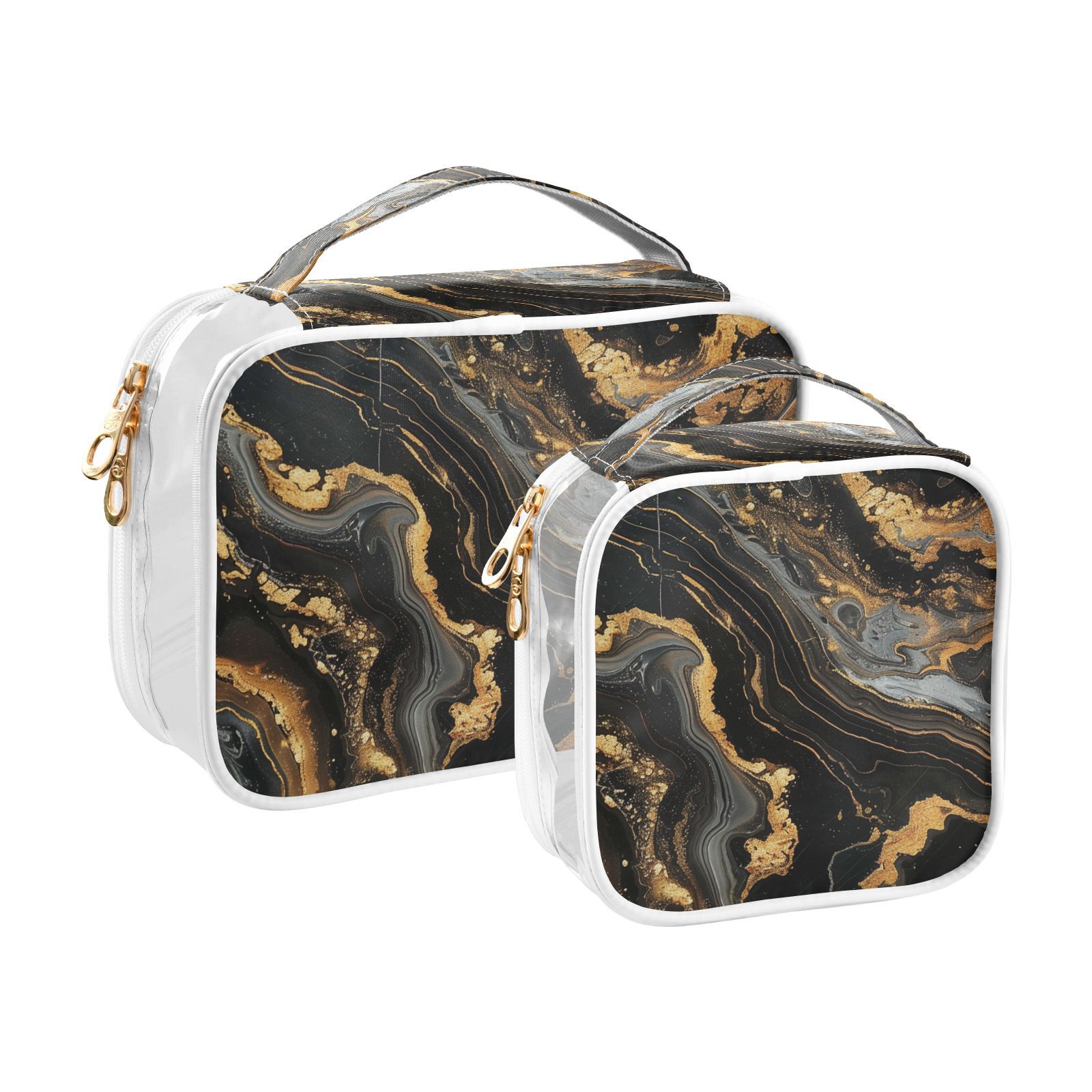 Clear Makeup Bags with Handle Large Opening 2 Pack Set Toiletry Bag Quart Size Bag, for Women Man Traveling Travel Essentials, Toiletries and Other. Marble Pattern Black Gold