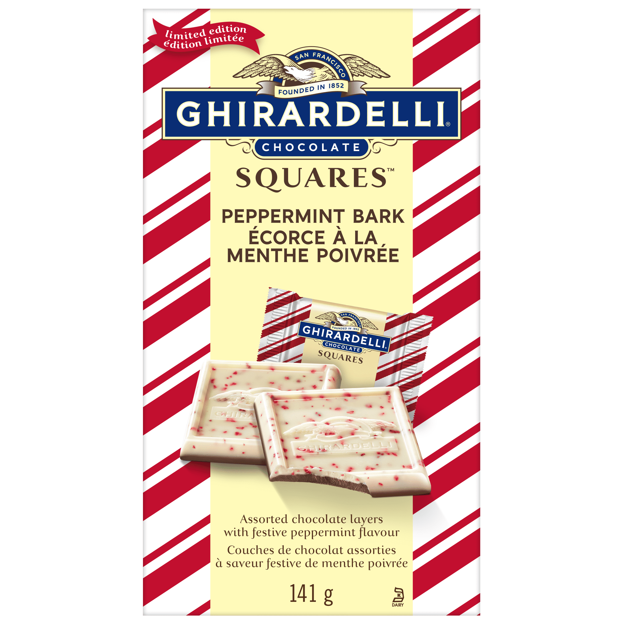 Sachet de carrés d’écorce au chocolat au lait et à la menthe poivrée GHIRARDELLI, 141g GHIRARHELLI SAC MNTHE POIVREE LAIT