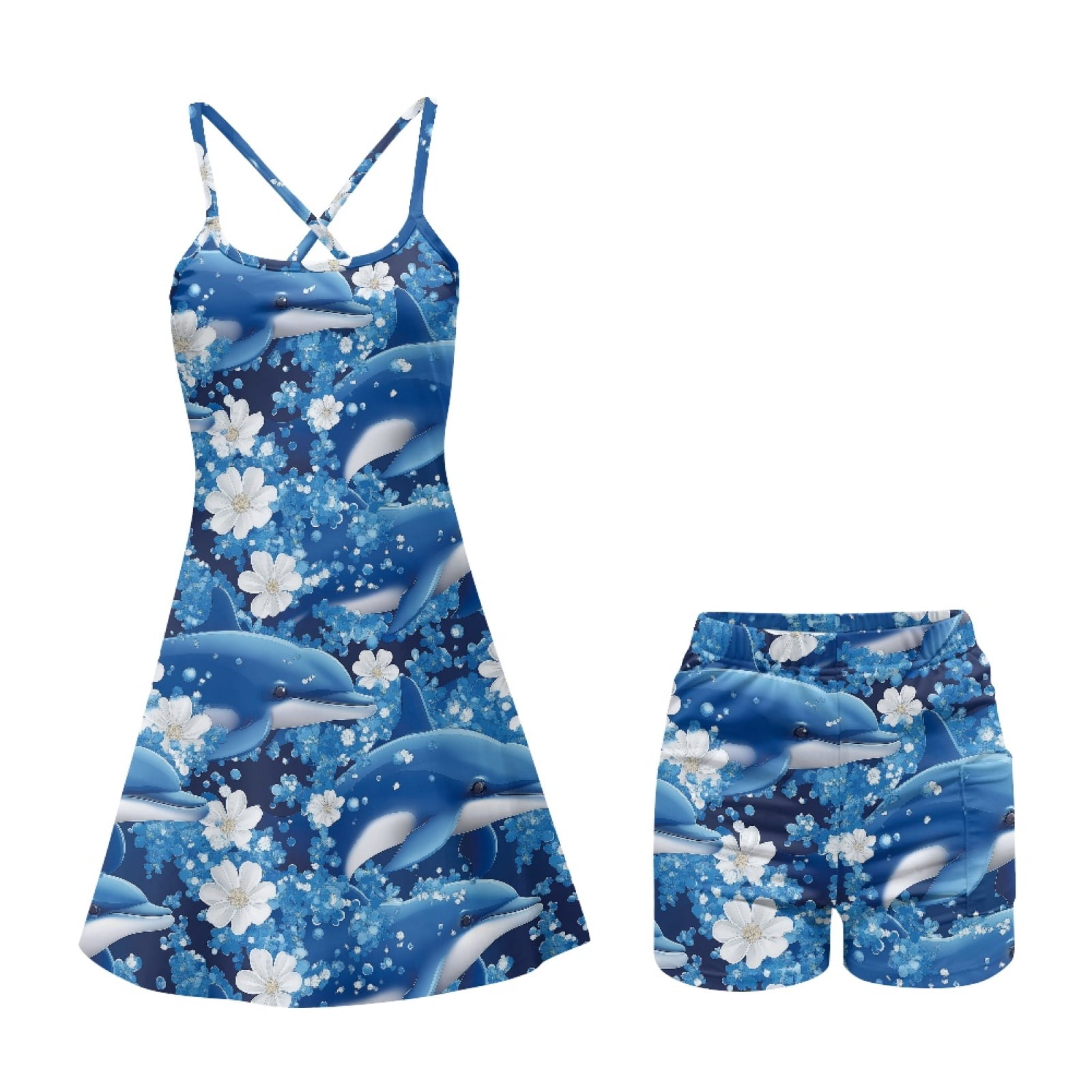 Yuyamidu Dolphin Womens Tennis Dress Built in Shorts Flowers Spaghetti Straps Exercise Workout Dress with Pocket Stretchy Golf Athletic Dresses Size M, Blue