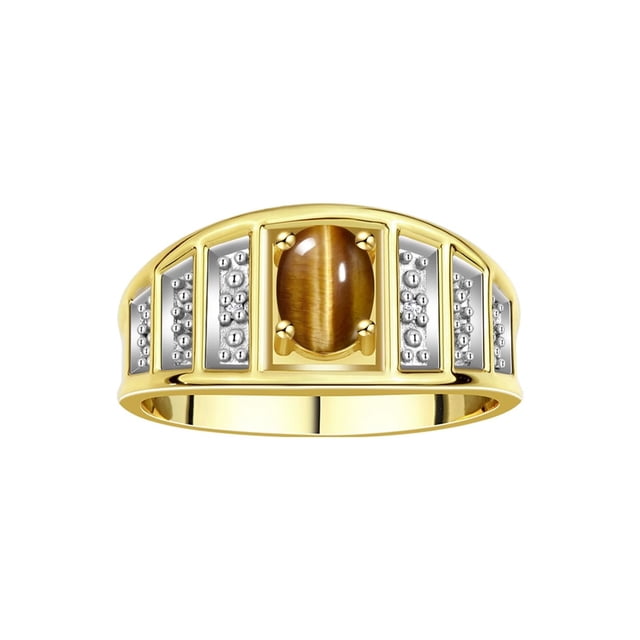 RYLOS Bagues pour Femmes Bague en Or Jaune 14K Style Classique Pierre Précieuse Ovale 7X5MM et Bague en Diamant Bijou Oeil de Tigre Taille 6