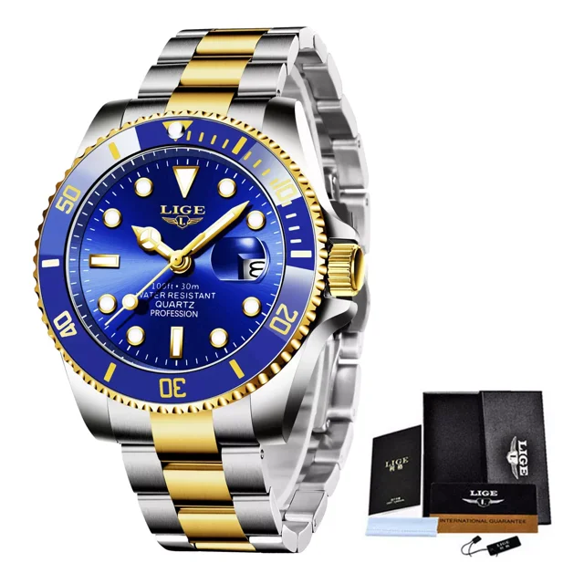 Reloj pulsera Lige LG10045 con correa de acero inoxidable color plateado/dorado - fondo azul - bisel azul/dorado