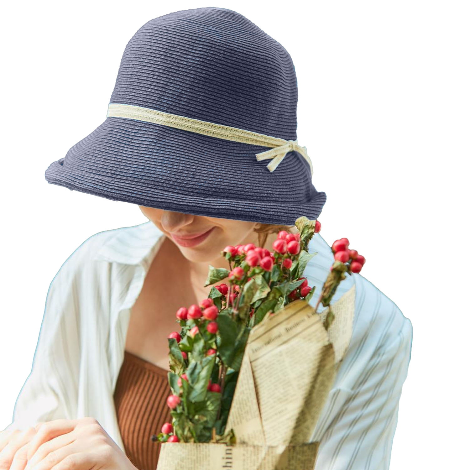 French Straw Bonnet Cap for Women Victorian Sun Hat Chin Strap Foldable