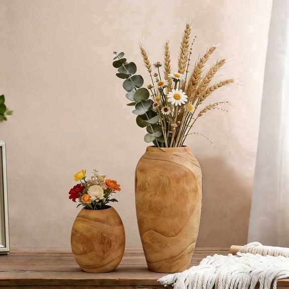 MEHOOM 2Pcs Wooden Flower Vases with Glass Liner, Paulownia Home Decor Vase for Farmhouse Rustic Vintage Living Room Kitchen Bedroom, House Book Shelf Office Coffee Desk Dining Fireplace (6"&11")