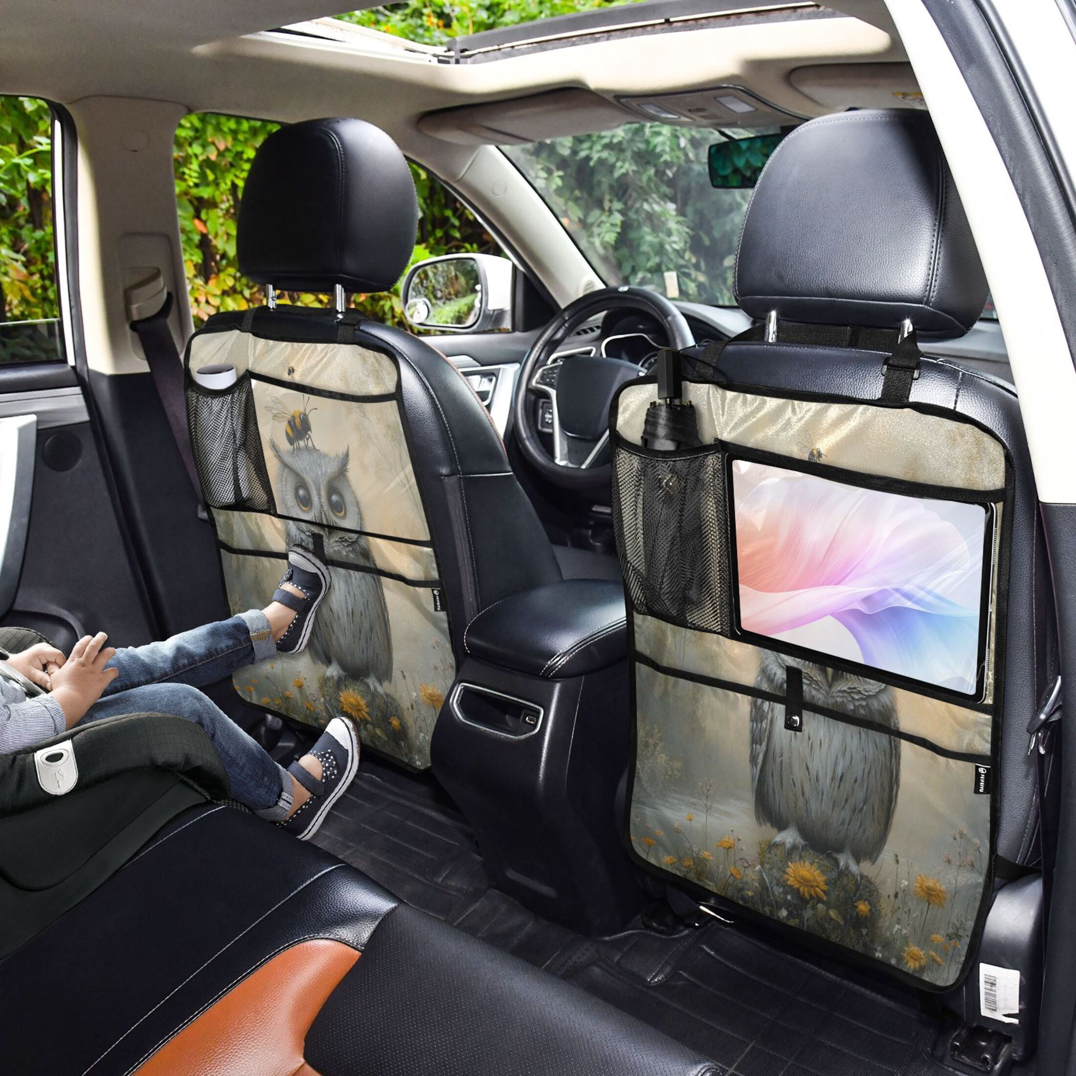WOBOGO Owls and Bees Pattern Backseat Car Organizer 2 PCS Footed Universal Car with Touch Screen Tablet Holder Rear Seat Protector