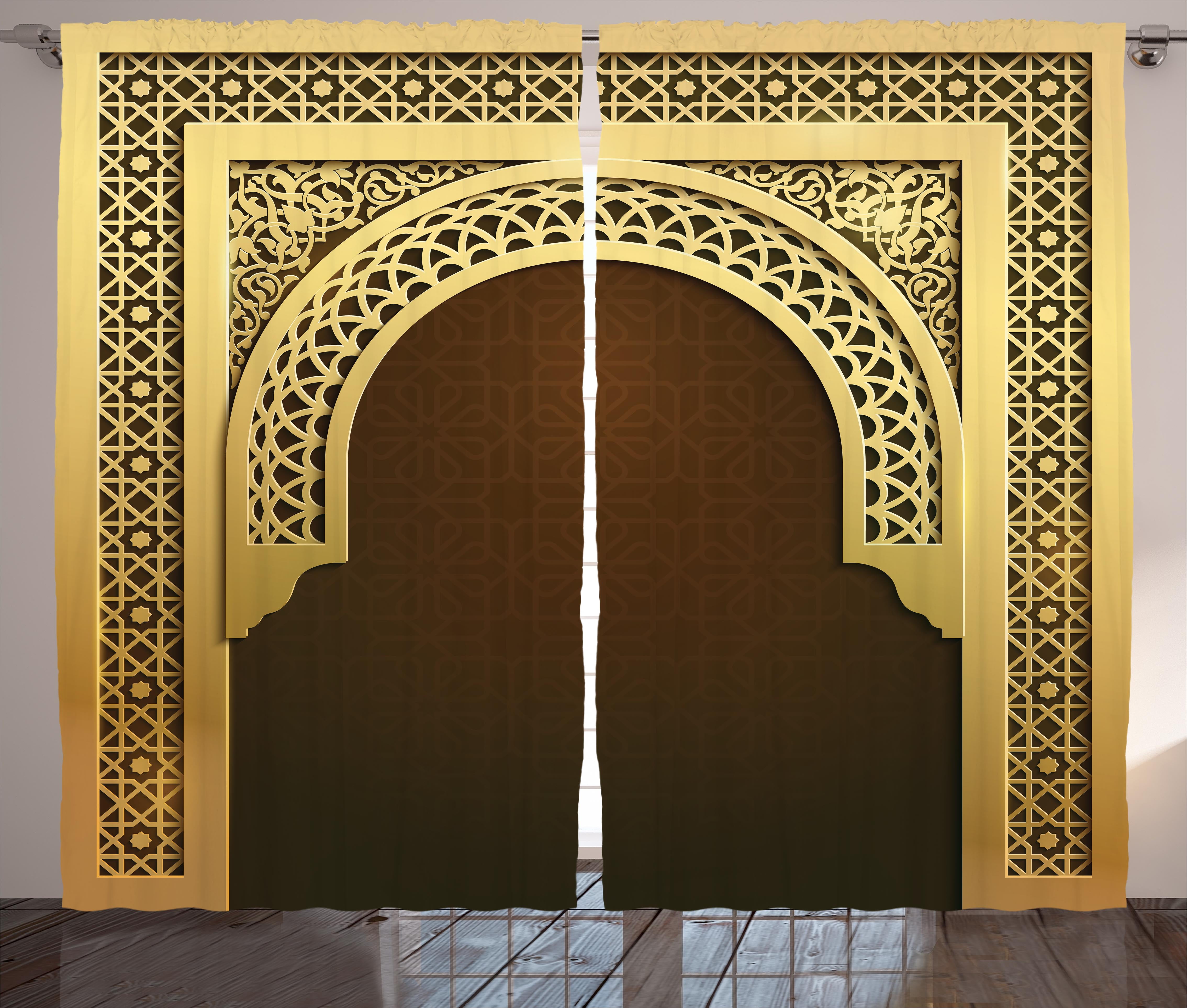 Moroccan Curtains 2 Panels Set, Middle Eastern Ramadan Greeting Scroll Arch... by Kozmos