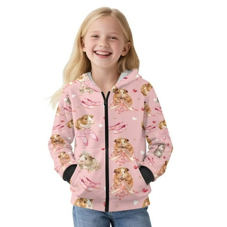 FUIALDOLG Little & Big Girls Pink Full Zip Up Hoodie Guinea Pig Print Hoodies Jacket for Girl Kids Long Sleeve Hooded Fashion Sweatshirt Size S