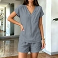 thumbnail image 5 of Pounoo Sets for Women 2 Piece V Neck Short Sleeve Top Elastic Waist Shorts Casual Summer Beach Vacation Matching Outfits, 5 of 9