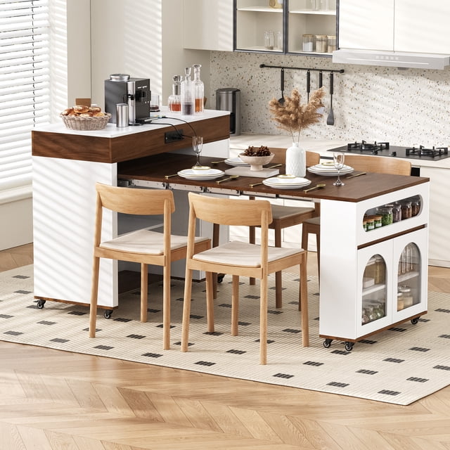 MODERNLUXE Extendable Dining Table with Extra-Long Folding Tabletop, Rolling Kitchen Island with Drawers,Power Outlet and Brake lock, Sideboard Storage Cabinet for Kitchen, Dining Room,Walnut