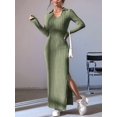 thumbnail image 6 of Women'S Casual Long Sleeve Collar V Neck Maxi Sweater Dress Slit Thigh Ribbed Knit Bodycon Pencil Dresses Green XL, 6 of 9