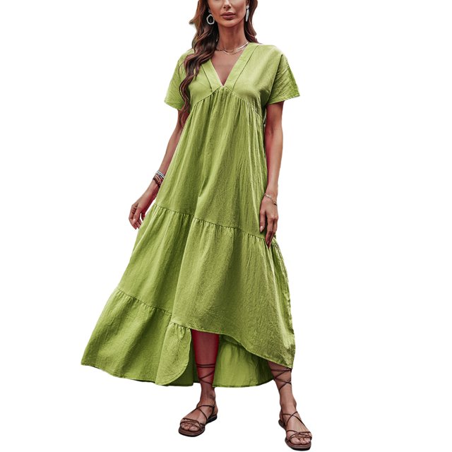 SAYOO , vestido suelto de manga corta para mujer, Color sólido, cuello en V, dobladillo Irregular, elegante vestido de fiesta de playa de verano, ropa de calle de vacaciones SAYOO Casual