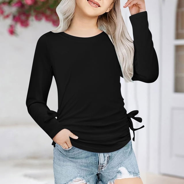Hauts pour Filles Manches Longues Col Rond Nœud Froncé Côté T-Shirt Décontracté Ample Blouse pour Enfants