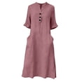 thumbnail image 6 of Gamivast Shirt Dress for Women Half Sleeve V-Neck Linen Feel Midi Dress With Pockets Loose Fit Casual Style Button Down House Dress Solid Color Outfits, 6 of 6