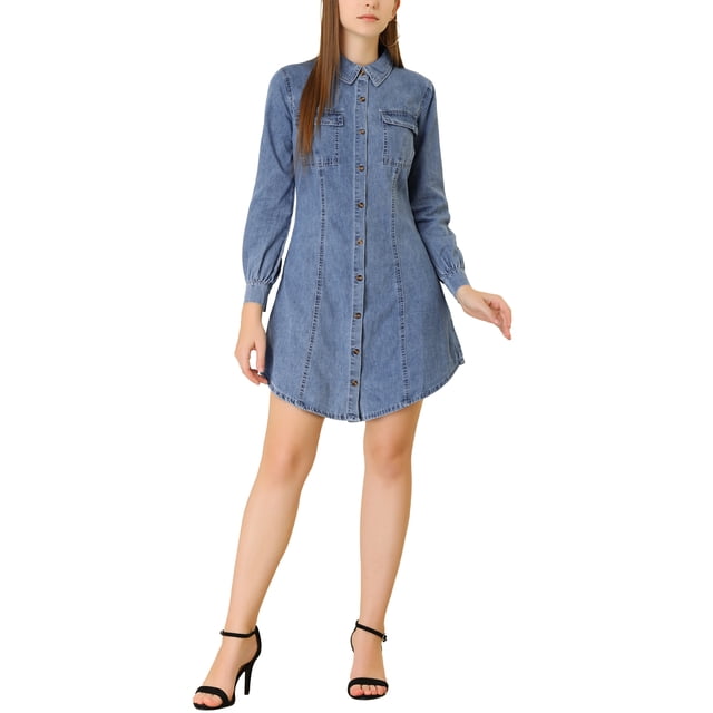 Allegra K Women's Bishop Sleeve Chest Pocket Casual Denim Shirt Dress Sky Blue S